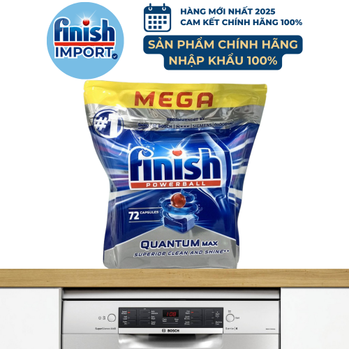 Túi 72 viên Finish Quantum Max 2020, viên lớn 14 tính năng, hương nguyên bản, cho máy rửa chén 10-13 bộ